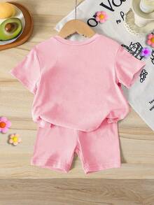 SHEIN GraphicGems 一套女童休闲可爱英文印花短袖T恤和短裤套装，适合夏季外出穿着 - 彩色 - 查看 2