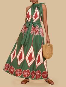 Travachic Plus Size Bohemian Style Apricot Retro Print Halter Dress With Belt, Loose Casual Resort Wear - Green - View 1