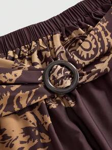 ROMWE Country Vintage Hippie Millennium Paisley Pattern Wooden Button Closure Plus Size Women Skirt - Brown - View 3