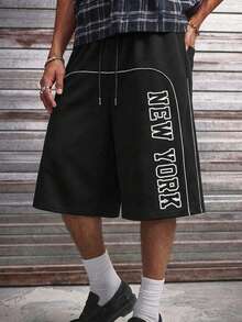 AXEPEAK Men's Letter Print Drawstring Waist Casual Versatile Daily Wear Shorts Men Jogger Shorts Men Black Graphic Shorts Men Streetwear Shorts New York Shorts Men Sports Shorts - Black - View 3