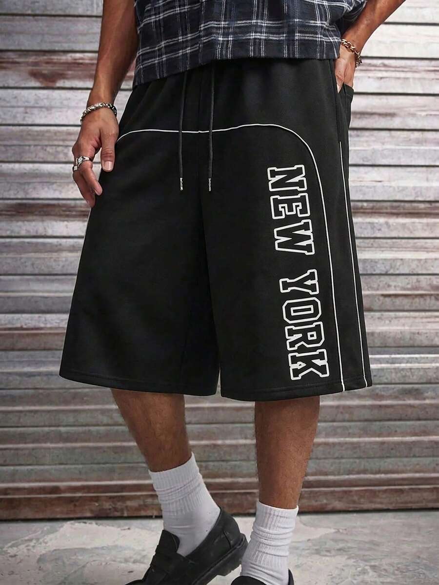 AXEPEAK Men's Letter Print Drawstring Waist Casual Versatile Daily Wear Shorts Men Jogger Shorts Men Black Graphic Shorts Men Streetwear Shorts New York Shorts Men Sports Shorts - Black - View 1