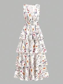 SHEIN Clasi 女士时尚V领全印花无袖多层连衣裙 - 彩色 - 查看 3