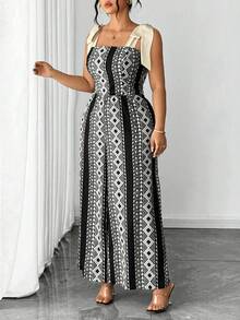 Elenzga Macaquinho Estampado com Laço Decorativo Plus Size - Preto - Visão 6