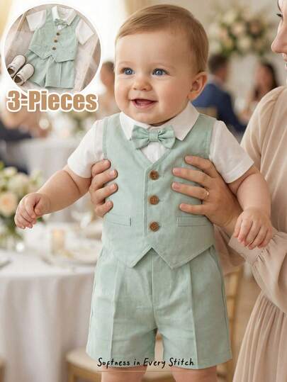 Cozy Pixies 三件套男/女婴绅士西装套装：白色短袖衬衫、绿色马甲和短裤，优雅的生日派对、洗礼、周岁生日、婚礼、花童、戒指童装扮。