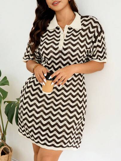 Lounesse Plus Size Casual Striped Hollow-Out Knit Dress