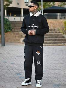 Devon Thys 新款男士拼接羊羔绒领卫衣，时尚休闲，秋冬长袖上衣 - 黑色 - 查看 5