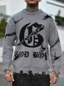 Devon Thys Suéter holgado de cuello redondo con mangas raglán, estilo casual de calle gótico, con patrón de letras intarsia, unisex, para otoño/invierno, de la marca ANDREILEE - Gris - Ver 3