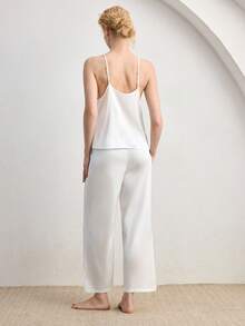 Ocili 2 piezas Conjunto de pijama de estilo bohemio con top de tirantes de cuello en V con lazo y pantalones, pijama cómodo para mujer - Blanco - Ver 3