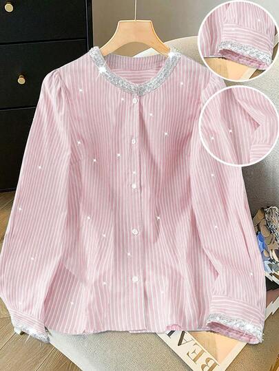 GlowEve CURVE Áo sơ mi nữ cỡ lớn cổ tròn kẻ sọc đính cườm, thích hợp cho đi chơi, đi làm và mặc thường ngày.