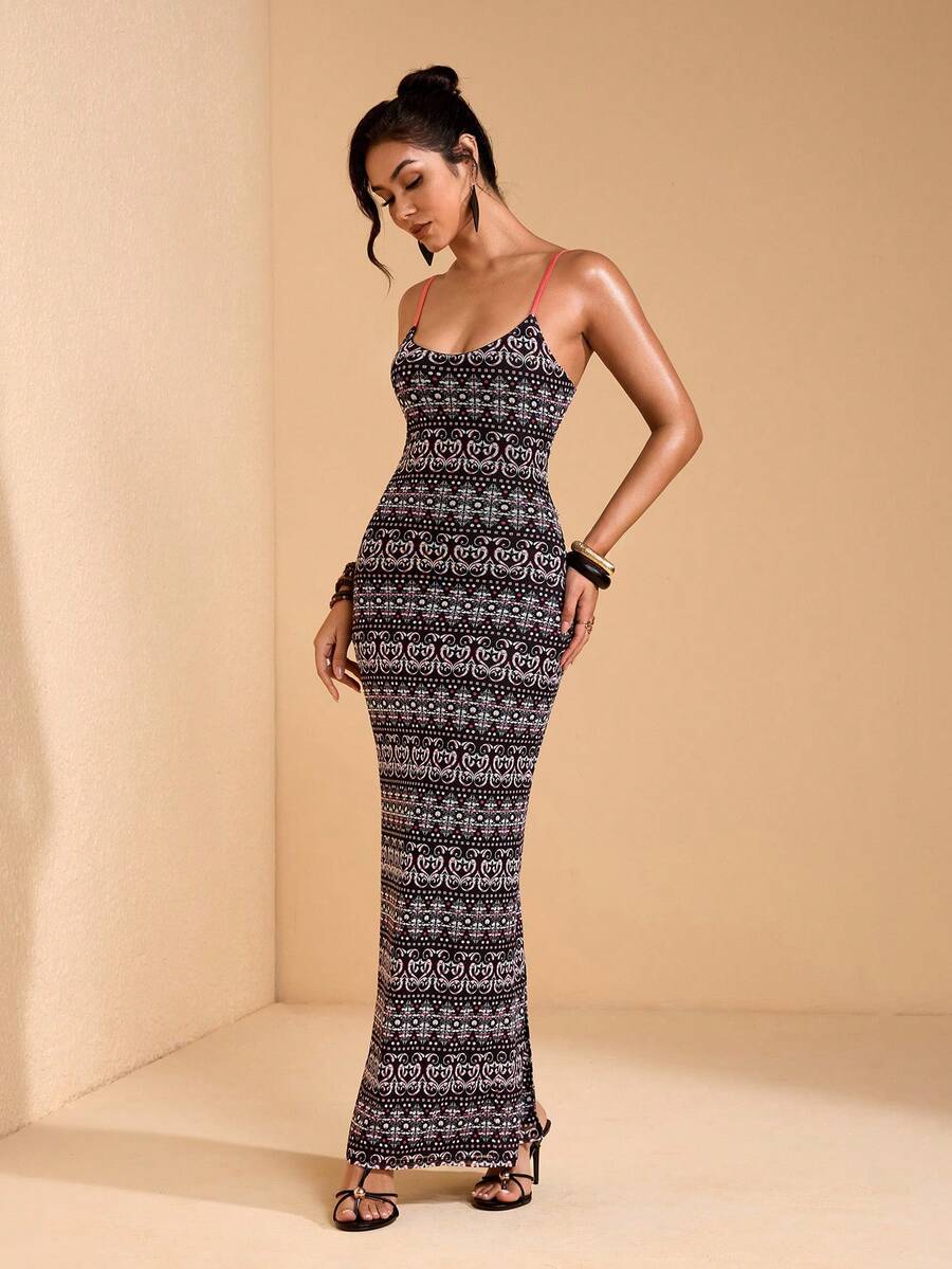 JIAN LASALA Đầm dài không tay nữ mùa hè thanh lịch phong cách Boho, dây mảnh, họa tiết in toàn thân bằng vải lưới, buộc dây phía sau. - Nhiều màu - Xem 1