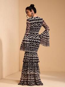 JIAN LASALA Vestido bohemio de mujer con cuello redondo, mangas acampanadas y estampado total de malla, para vacaciones y uso casual - Multicolor - Ver 2