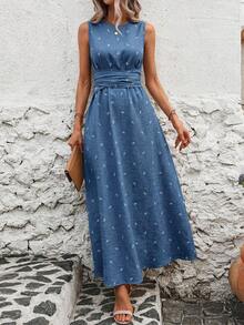 Solivie 女士植物图案圆领无袖休闲口袋连衣裙 - 藍色 - 查看 8