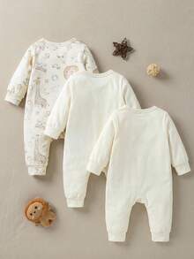 3件套新生儿婴儿男女通用0-3岁宝宝可爱动物印花连体衣套装，柔软面料，适合居家、外出、度假及其他场合。 - 杏色 - 查看 2