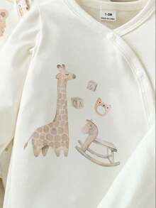 3件套新生儿婴儿男女通用0-3岁宝宝可爱动物印花连体衣套装，柔软面料，适合居家、外出、度假及其他场合。 - 杏色 - 查看 4