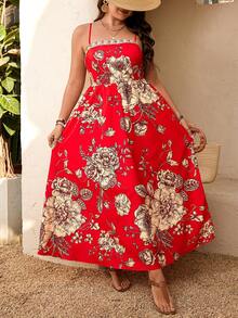 Breezaya Plus Size Women Vacation Style Floral Print Spaghetti Strap Dress - Multicolor - View 5