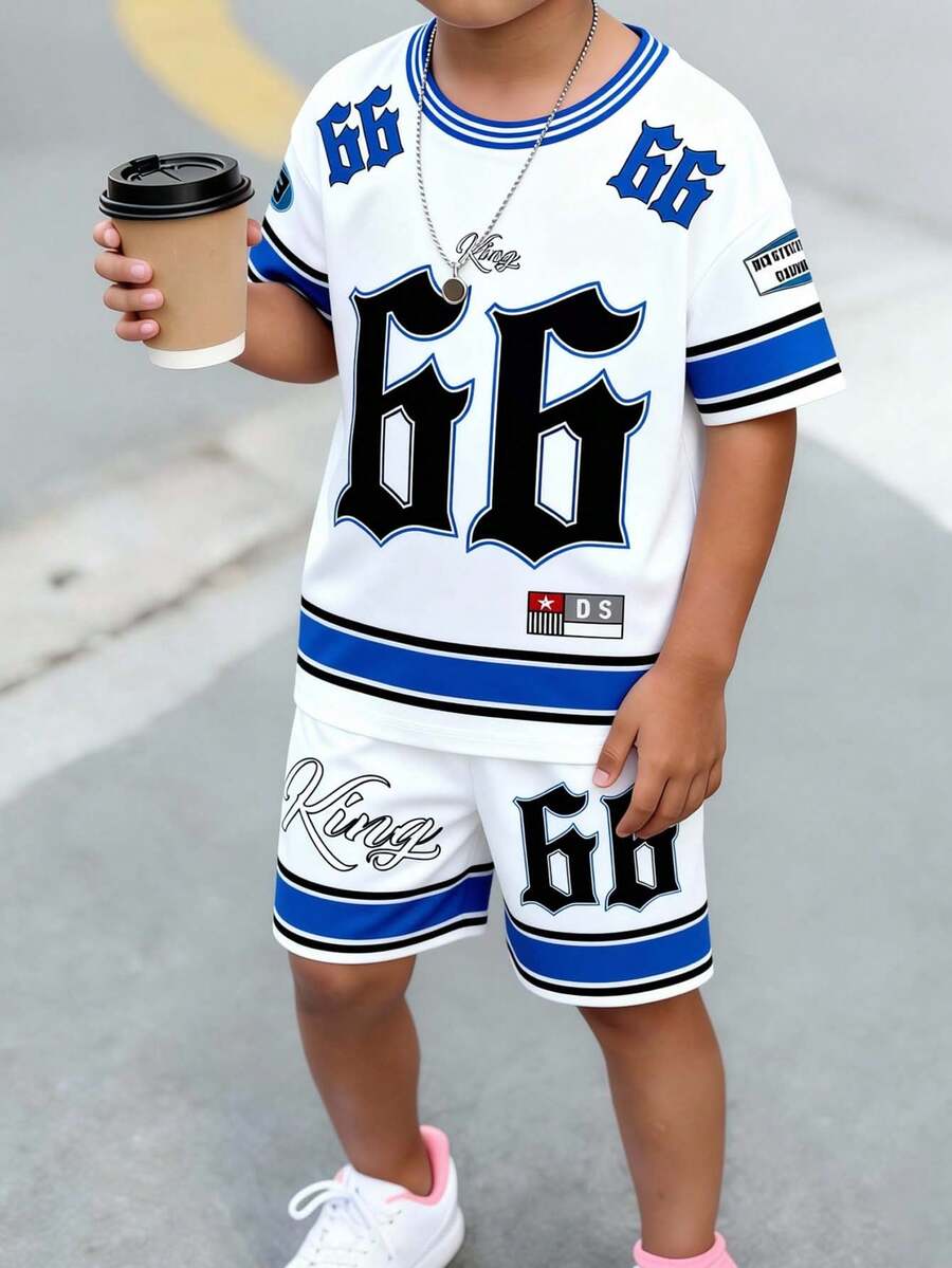 2pcs/Set Tween Boy White Summer Graphic Streetwear Vacation,Numeric 66 Striped Slogan Print Short T-Shirt And Shorts Suit,Casual Fashionable Cozy Wear