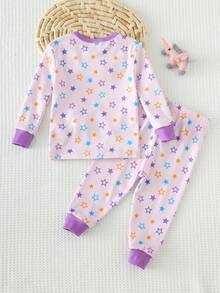 Cozy Pixies 女婴贴身睡衣套装，紫色卡通独角兽夜光可爱图案针织柔软圆领短袖上衣和松紧腰打底裤，两件套。本产品需紫外线照射才能发光。 - 紫色 - 查看 2