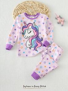 Cozy Pixies 女婴贴身睡衣套装，紫色卡通独角兽夜光可爱图案针织柔软圆领短袖上衣和松紧腰打底裤，两件套。本产品需紫外线照射才能发光。 - 紫色 - 查看 8