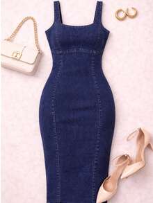 Vestido largo de mezclilla tipo lápiz - Azul Marino - Ver 3