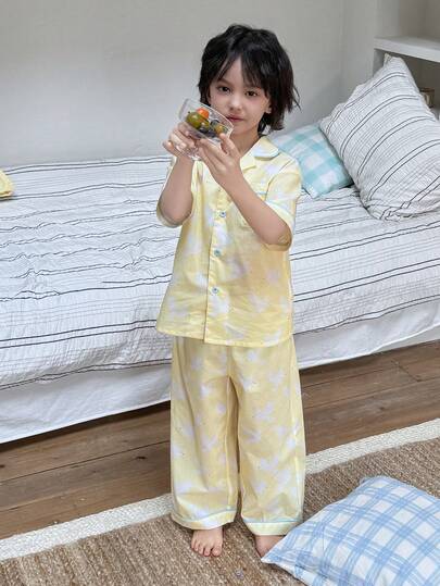 DAZY Young Boy Pigeon Print Short Sleeve Button-Up Top And Pants Pajama Set