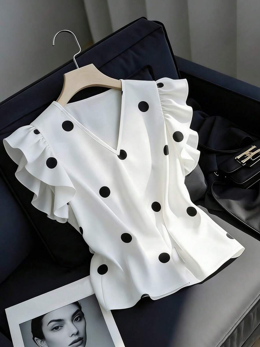 Franclia Women's Casual Versatile Ruffle Flare Sleeve White Blouse, V-Neck Pullover Shirt, Polka Dot Shirt, Dot Print Top, Cap Sleeve Shirt, Printed Tank Top, Summer Vacation Wear - Black and White - View 1