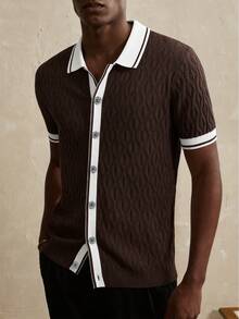 Manfinity Homme 男士對比飾邊鈕扣前襟針織 Polo 上衣，白色與棕色夏季休閒短袖領口復古上衣，適合約會與正式工作場合 - 彩色 - 查看 3