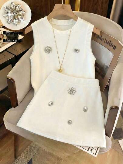 Franclia Women's Rhinestone Studded Casual Suit, Women's Spring/Summer Vest + Skirt Set, Women's Round Neck Sleeveless Vest, Women's Spring/Summer Beaded Skirt, Women's Vacation Casual, Solid Color Set, Summer Outfit, Going Out, Vacation, Casual, Y2K, Graduation Season, Fashionable Outfit, Versatile, Commute, Women's White Two-Piece SetGraduation Season Attire, Fashionable Casual Commuter Wear, Business Office Wear, Versatile And Stylish Everyday Casual Wear, Urban Teacher's Professional Attire
