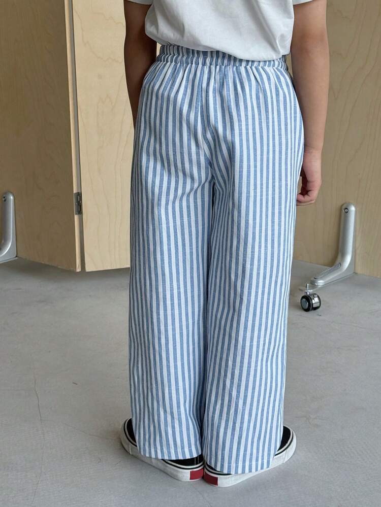 Young Boy Blue & White Striped Wide Leg Pants Summer