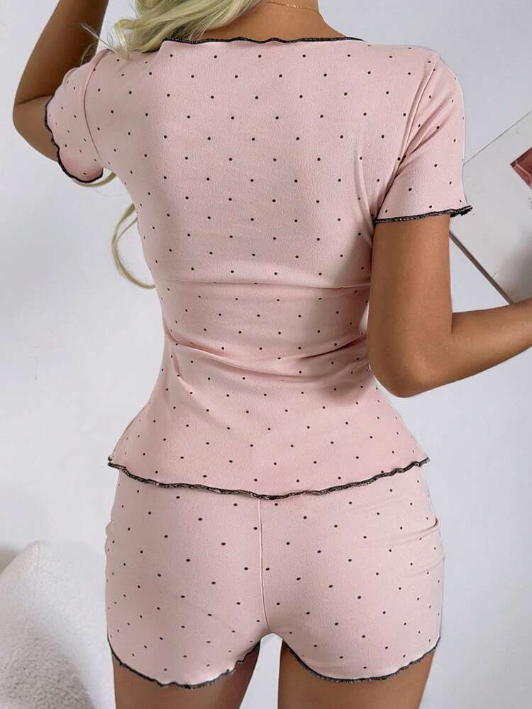 2pcs Polka Dot Fitted Ruffle Trim Short Sleeve Shorts Pajama Set For Women, Summer