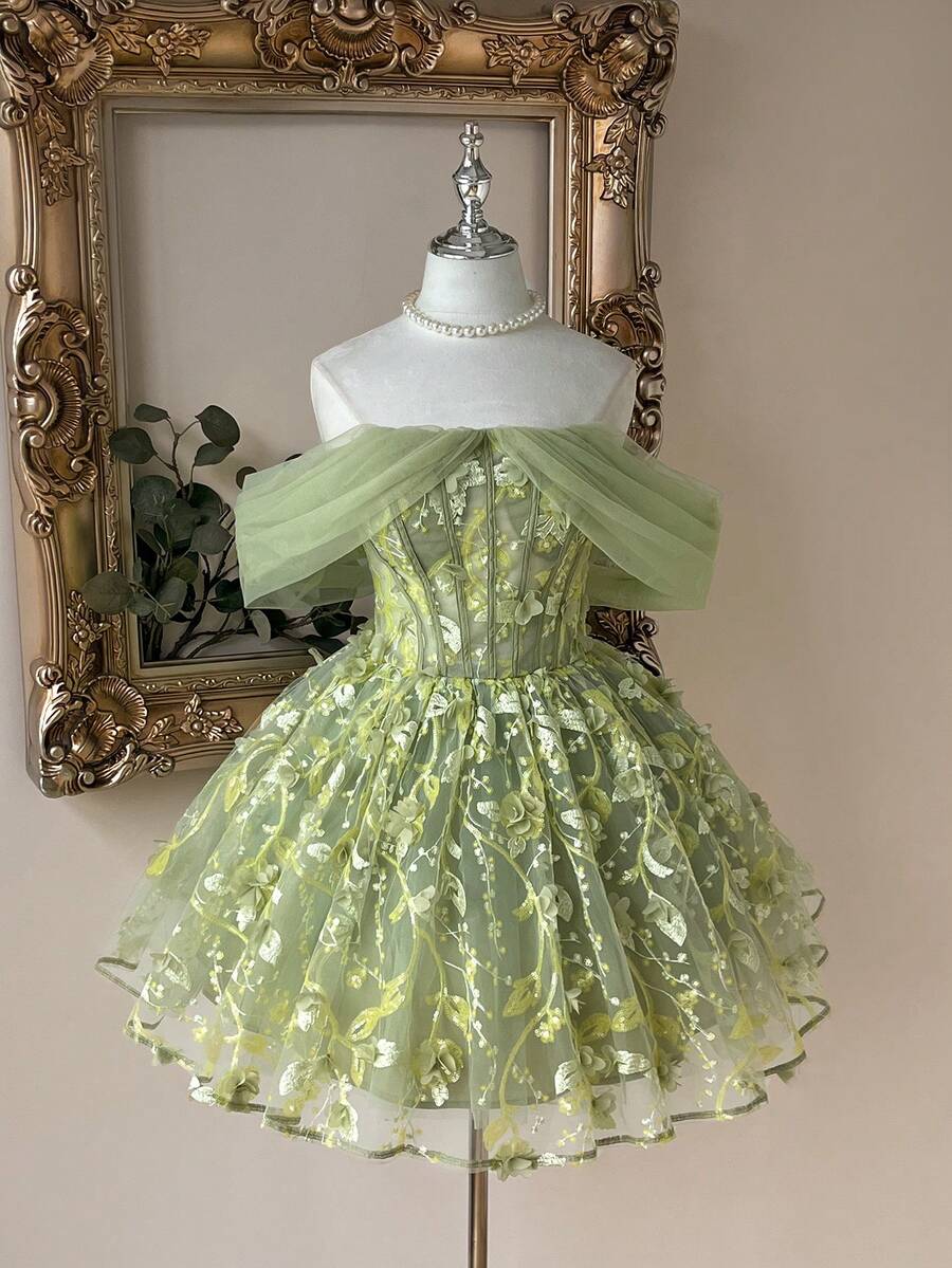 Lovelzi 优雅橄榄绿奢华3D珠绣花卉露肩鱼尾高腰A字连衣裙，后背系带可调节，适合约会、度假、单身派对、婚礼、返校活动等场合，女士短款晚礼服 - 綠色 - 查看 1