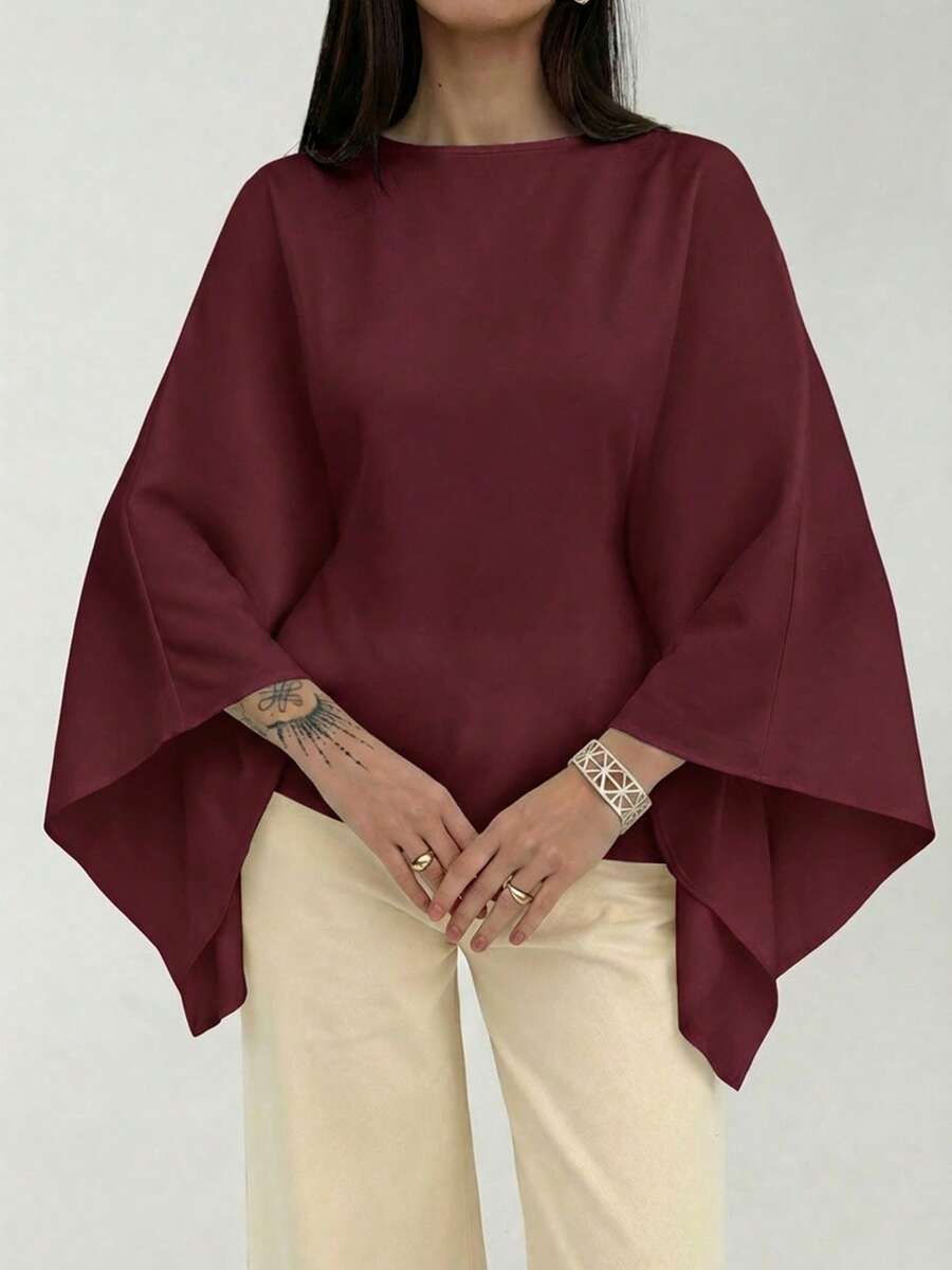 Aloruh Boat Neck Voluminous Sleeve Cinched Waist Commuter Shirt - Burgundy - View 1