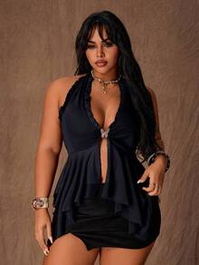 Rustia Plus Size Women Metal Decor Halter Tie Ruffle Hem Fashionable Versatile Casual Top - Royal Blue - View 4