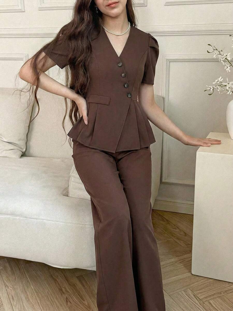 Elladie kids Bộ áo thun ngắn tay cổ chữ V màu trơn dành cho nữ tuổi teen và quần dài. - Cà phê nâu - Xem 1