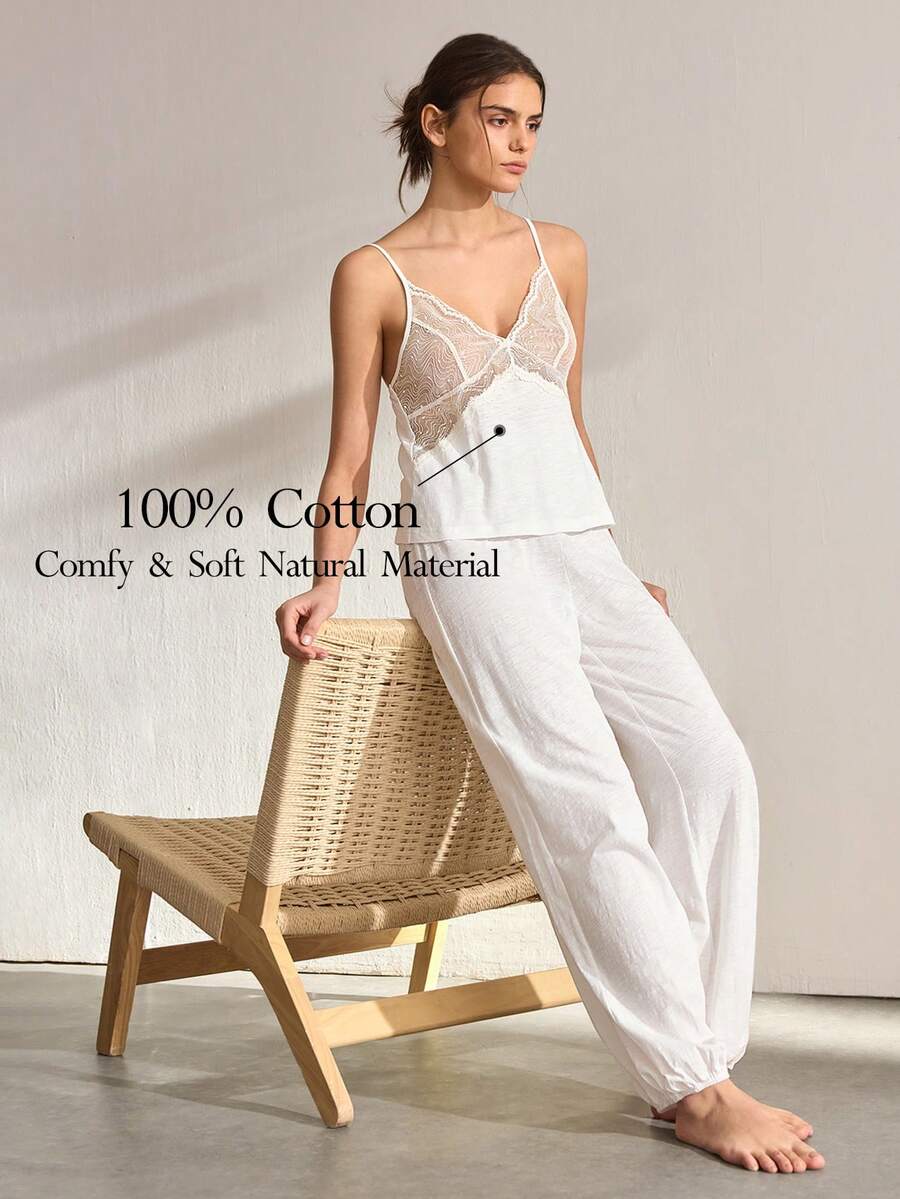 Ocili Conjunto de ropa de estar en casa informal con top de camisola de encaje y pantalones de pierna ancha para mujer - Blanco - Ver 1