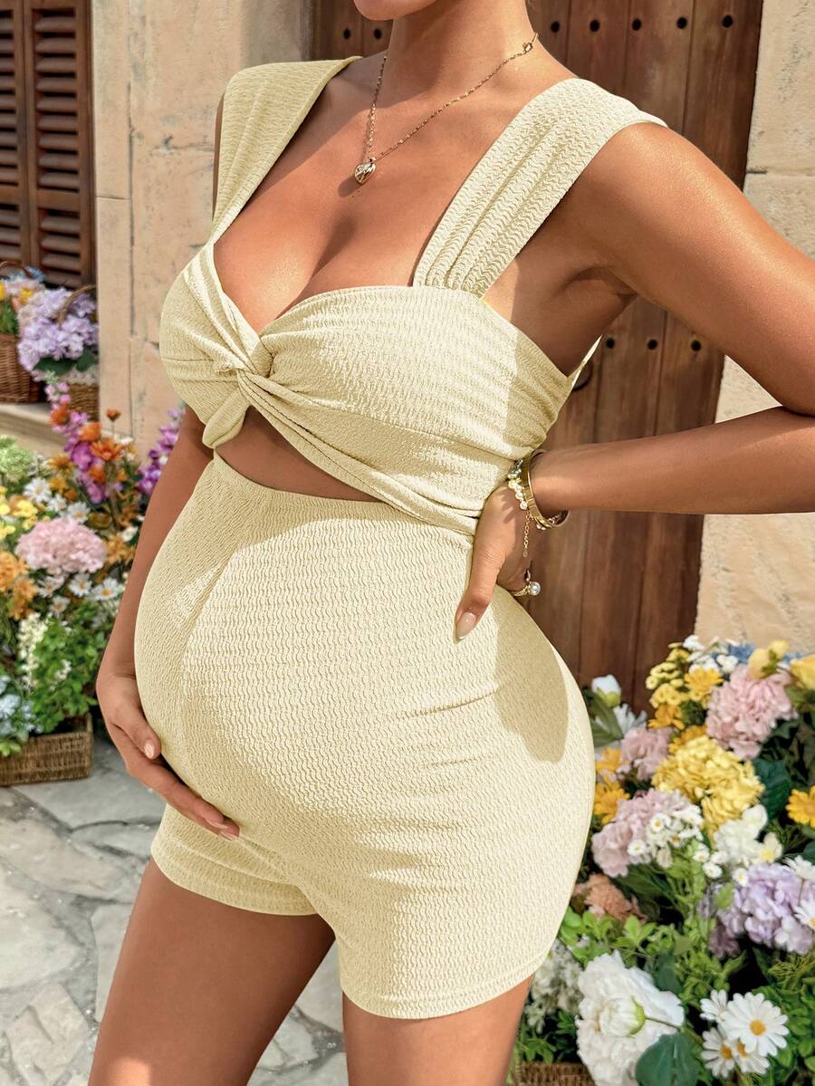 Lyckli Bộ áo liền quần không tay cổ tim màu trơn dành cho bà bầu, kiểu dáng mùa hè, có dây xoắn, chất liệu mềm mại. - Màu be - Xem 1