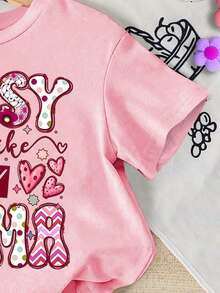 SHEIN GraphicGems 一套女童休闲可爱英文印花短袖T恤和短裤套装，适合夏季外出穿着 - 彩色 - 查看 3