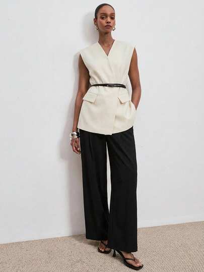 ATUI Studio Women's Sleeveless V-Neck Wrap Blazer Vest, Solid Color Minimalist Casual Waistcoat, Spring Summer Everyday Layering Outfit For Office Work Going Out