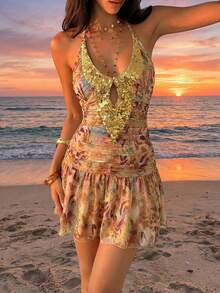 Aloruh Women's Sequin Patchwork Ruched Bohemian Style Printed Mini Dress - Multicolor - View 2