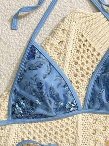 Bonvoyette 夏季新款纯色奢华刺绣亮片闪亮病毒式派对下午茶性感高衩侧系带比基尼两件套泳衣套装（女款） - 藍色 - 查看 3