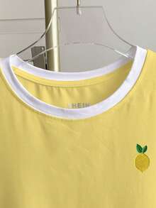 Resyla Women's Casual Lemon Embroidery Color Block Round Neck T-Shirt - Multicolor - View 3