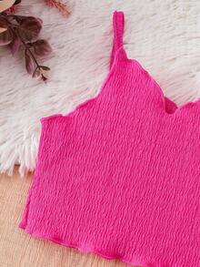 SHEIN Bộ 2 món dành cho bé gái, kiểu dáng thường ngày, chất liệu chiffon dệt kim trơn, gồm áo không tay và quần short, mềm mại và thoải mái, thích hợp cho kỳ nghỉ, bãi biển, lễ hội âm nhạc. - Màu Hồng Tươi - Xem 3