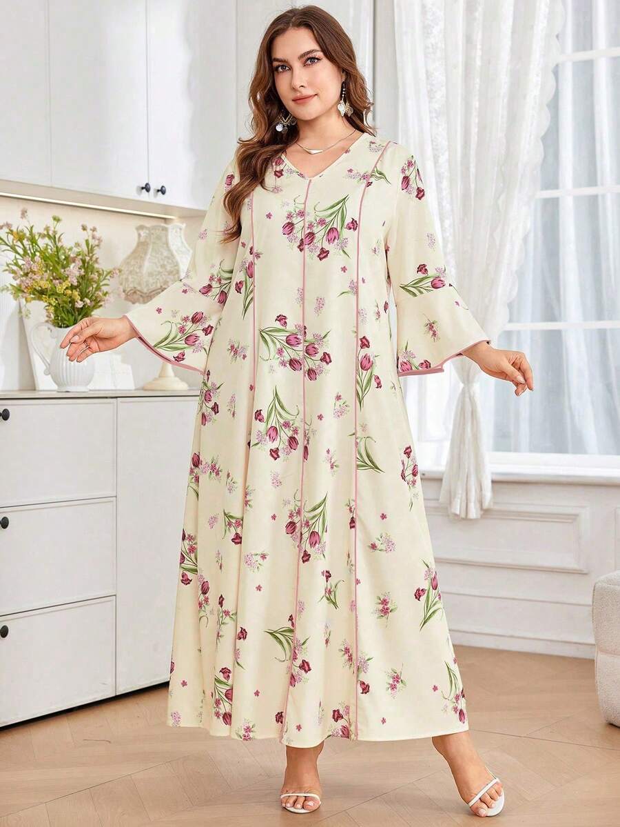 SHEIN Najma Đầm nữ cỡ lớn cổ chữ V in hoa, kiểu dáng thường ngày, thích hợp cho tiệc tùng và đi chơi. - Hồng - Xem 1