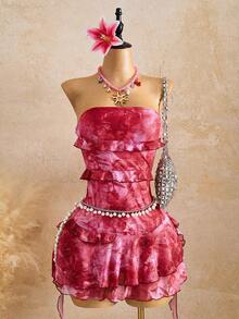 Swim Vcay 女士度假植物印花荷叶边无肩带连衣裙 - 玫紅色 - 查看 4