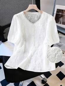 Franclia Áo kiểu nữ tay ngắn, màu trơn, cài cúc phía trước, kiểu dáng thanh lịch, thích hợp cho mùa xuân/hè. - trắng - Xem 1