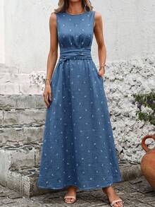 Solivie 女士植物图案圆领无袖休闲口袋连衣裙 - 藍色 - 查看 5