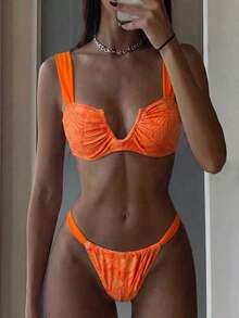 Swim Vcay Conjunto de bikini estampado sexy para mujer, atuendo para vacaciones en la playa/piscina en verano - Naranja - Ver 2