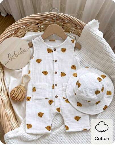 2pcs/Set Baby Boys/Unisex Infant Toddler Newborn 0-3T Bear Print Round Neck Sleeveless Snap-Up Romper With Pocket & Hat, Easy Wear, Casual Cute, Suitable For Spring/Summer Outings, Vacation, Home