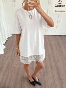 Siren Gaze Women's Round Neck Short Sleeve Contrast Lace Loose Mini Dress,Summer Dresses For Women - White - View 9