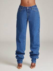 NYA SZN Denim Mid Rise Dark Wash Denim Jeans Stacked Casual Everyday Classy Modest Western Country Streetwear Trousers Spring Summer Outfits For Women - Medium Wash - View 7