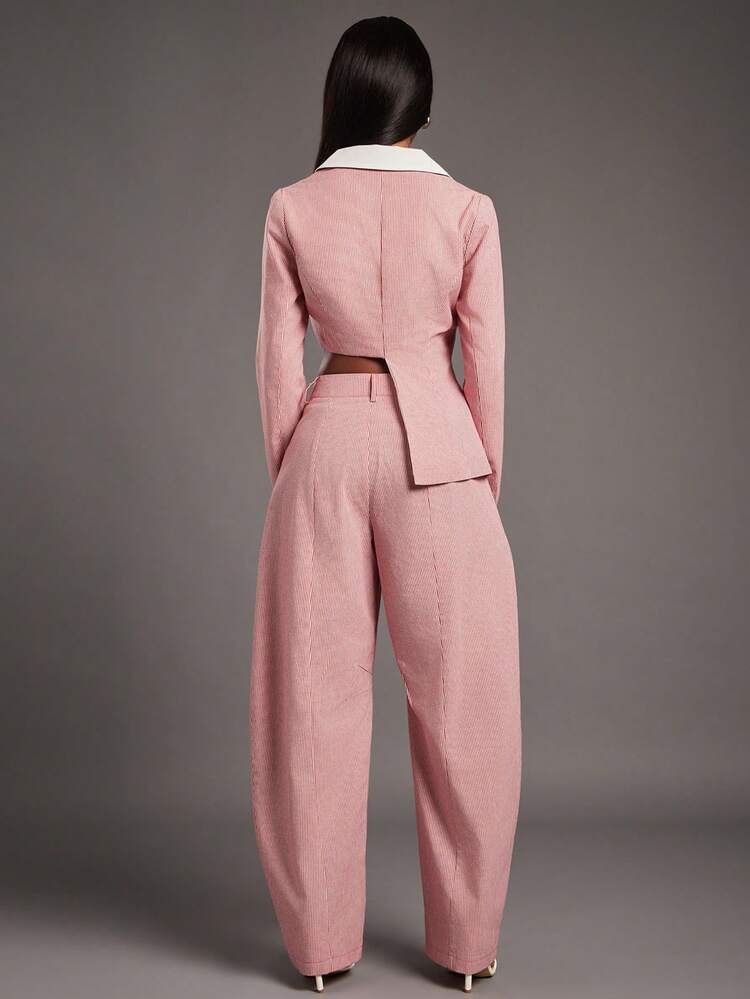 NYA SZN 配套套装（上衣和裤子）上衣长袖西装外套高低摆垂褶领口裤子高腰宽松筒裤细条纹商务休闲奢华优雅女装 - 紅白色 - 查看 2